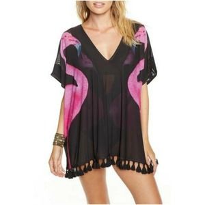 Chaser Pink Flamingo Black Tassel Swimwear Cover Size M/L